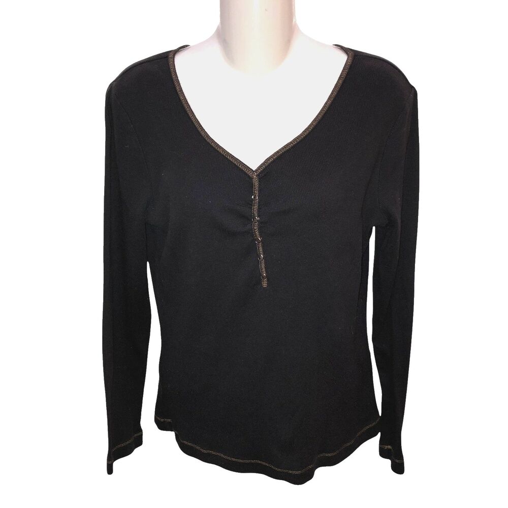 FDJ Womens Large Black Long Sleeve Henley Pullover Shirt Top Size L Y2K